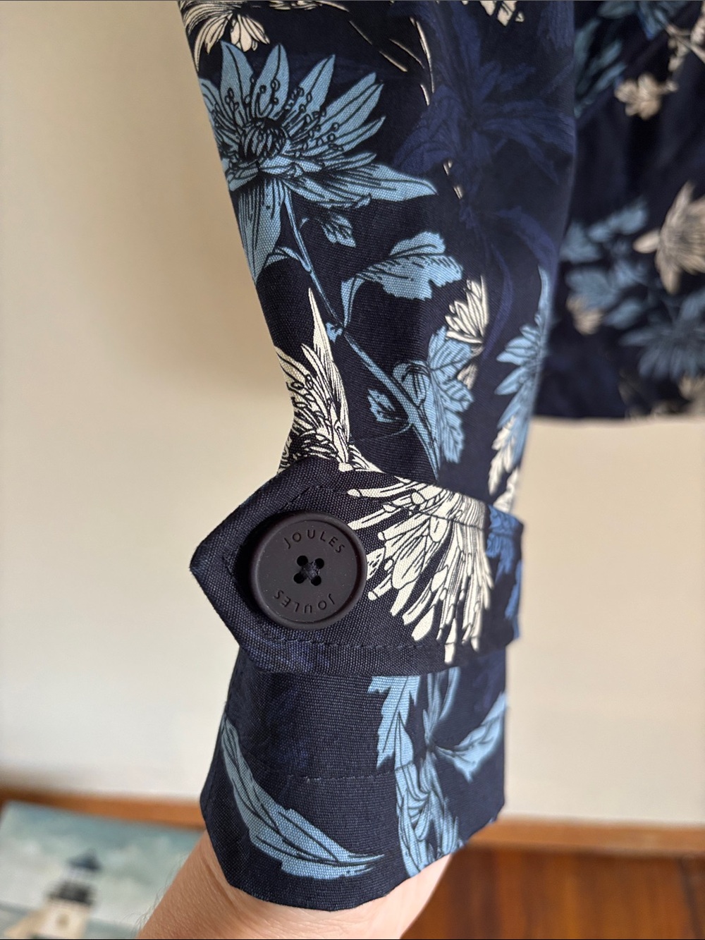 Joules • Navy Hooded Rain Jacket with Blue & White Floral Print - Picture 3 of 8